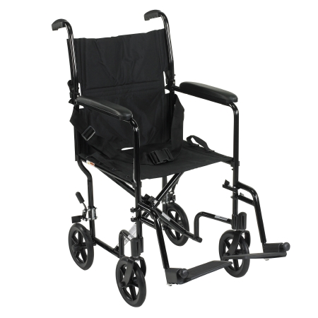 Picture of Lightweight Transport Chair Aluminum Frame with Black Finish 300 lbs. Weight Capacity Fixed Height / Padded Arm Black UpholsteryATC17-BK