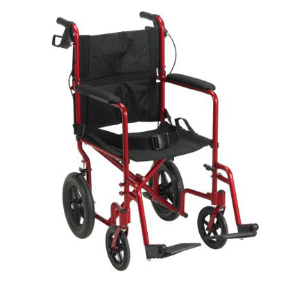 Picture of Lightweight Transport Chair Aluminum Frame with Red Finish 300 lbs. Weight Capacity Fixed Height / Padded Arm Black UpholsteryEXP19LTRD