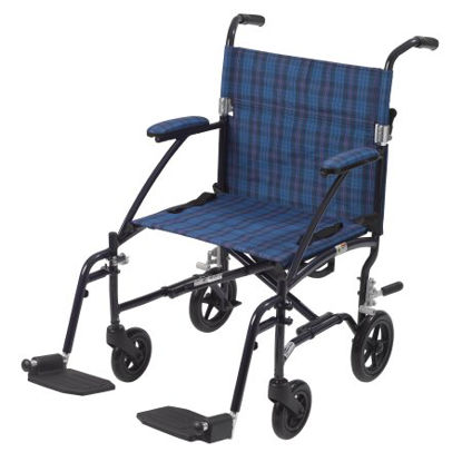 Picture of Transport Wheelchair drive™ Fly-Lite Aluminum Frame with Blue Finish 300 lbs. Weight Capacity Full Length / Fixed Height / Padded Arm Blue Plaid UpholsteryDFL19-BL