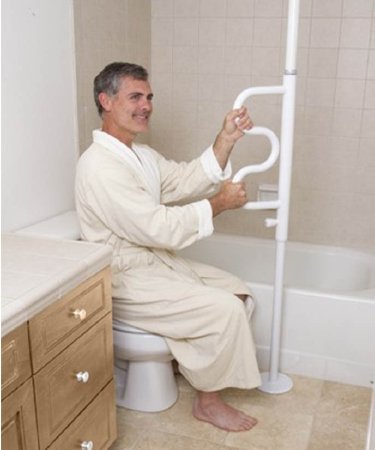 Picture of Security Pole with Curved Grab Bar Stander™ White Powder-Coated Steel1100-W