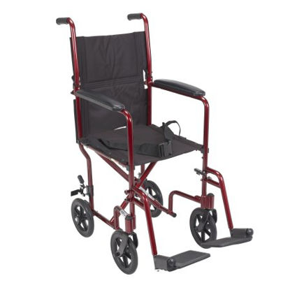 Picture of Lightweight Transport Chair Aluminum Frame with Red Finish 300 lbs. Weight Capacity Fixed Height / Padded Arm Black UpholsteryATC17-RD