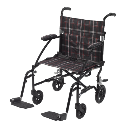 Picture of Transport Wheelchair drive™ Fly-Lite Aluminum Frame with Black Finish 300 lbs. Weight Capacity Full Length / Fixed Height / Padded Arm Black / White / Red Plaid UpholsteryDFL19-BLK