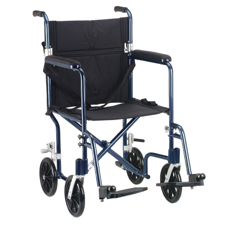Picture of Lightweight Transport Chair Aluminum Frame with Blue Finish 300 lbs. Weight Capacity Fixed Height / Padded Arm Black UpholsteryFW19BL