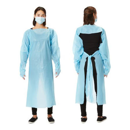 Picture of Over the Head Protective Procedure Gown One Size Fits Most Blue NonSterile DisposableEXIGPE01