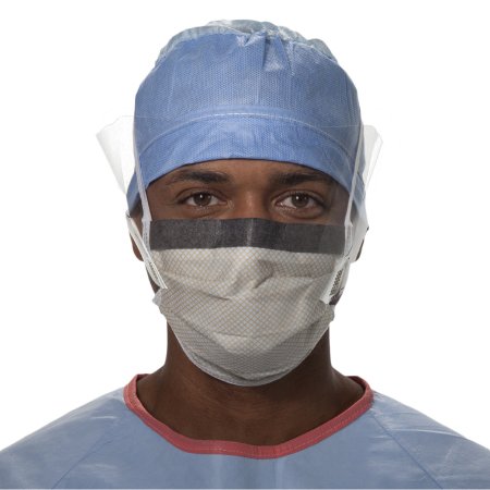 Picture of Surgical Mask with Eye Shield FluidShield Anti-fog Foam Pleated Tie Closure One Size Fits Most Blue / Orange NonSterile ASTM F2100-11 Level 262114