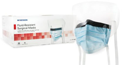 Picture of Surgical Mask with Eye Shield McKesson Anti-fog Pleated Tie Closure One Size Fits Most Blue NonSterile ASTM Level 391-1600