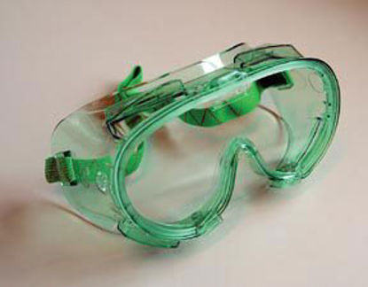Picture of Protective Goggles Fisherbrand™ Antifog Coating Clear Tint Polycarbonate Lens Green Frame Elastic Strap One Size Fits Most19181504