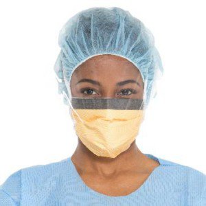 Picture of Surgical Mask with Eye Shield FluidShield Anti-fog Foam Pleated Tie Closure One Size Fits Most Orange NonSterile ASTM Level 328804