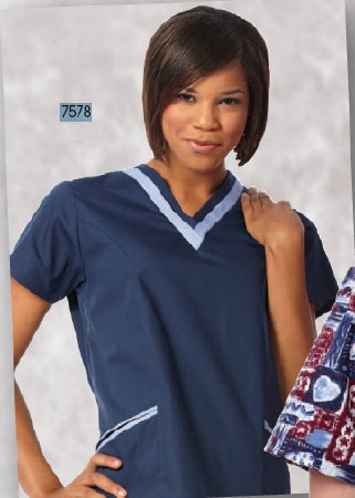 Picture of Scrub Shirt Small Ceil Blue / Navy 2 Pockets Short Set-In Sleeve Female7578-SM