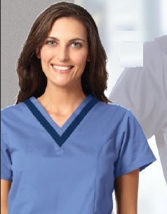 Picture of Scrub Shirt Small Ceil Blue / Navy 2 Pockets Short Set-In Sleeve Female7575-S
