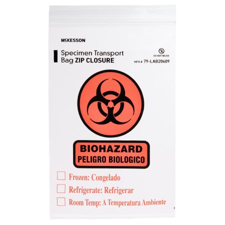 Picture of Specimen Transport Bag with Document Pouch McKesson 6 X 9 Inch LDPE Zip Closure Biohazard Symbol / Storage Instructions NonSterile79-LAB20609