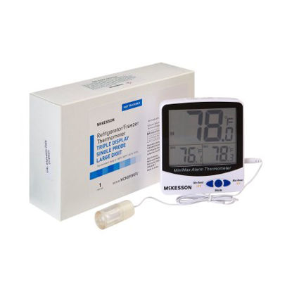 Picture of Digital Refrigerator / Freezer Thermometer with Alarm McKesson Fahrenheit / Celsius -58° to +158°F (-50° to +70°C) Glycol Bottle Probe / Internal Sensor Multiple Mounting Options Battery OperatedMCK895RFV