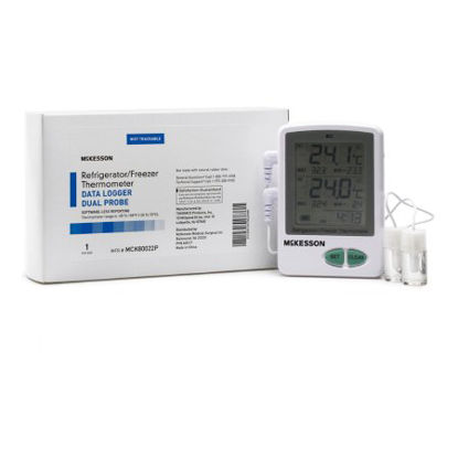 Picture of Datalogging Refrigerator / Freezer Thermometer with Alarm McKesson Fahrenheit / Celsius -22° to +158°F (-30° to +70°C) 2 Glycol Bottle Probes / Internal Sensor Flip-out Stand Battery OperatedMCK80022P