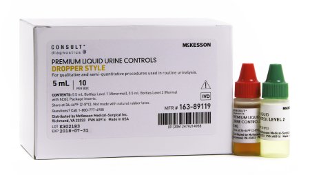 Picture of Urine Chemistry Urinalysis Control McKesson Consult™ Analyte Testing Positive Level / Negative Level 5 Level 1 (Abnormal) 5 mL Bottles, 5 Level 2 (Normal with hCG) 5 mL Bottles163-89119