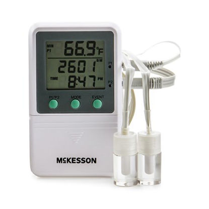 Picture of Digital Refrigerator / Freezer Thermometer with Alarm McKesson Fahrenheit / Celsius -58° to +158°F (-50° to +70°C) 2 Glycol Bottle Probes Multiple Mounting Options Battery OperatedMCK821RFV2