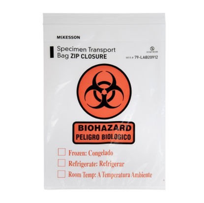 Picture of Specimen Transport Bag with Document Pouch McKesson 9 X 12 Inch LDPE Zip Closure Biohazard Symbol / Storage Instructions NonSterile79-LAB20912