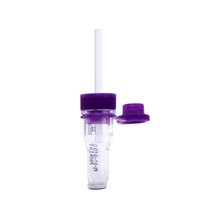 Picture of Safe-T-Fill® Capillary Blood Collection Tube Whole Blood Tube K2 EDTA Additive 1.1 mm Diameter 125 µL Purple Pierceable Attached Cap Plastic Tube076011