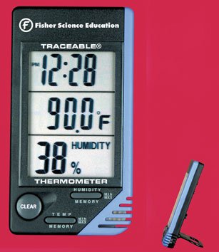 Picture of Digital Thermometer / Hygrometer Fisherbrand™ Traceable® Fahrenheit / Celsius 32° to 122°F (0 to 50°C) Internal Sensor Desk / Wall Mount Battery OperatedS66279