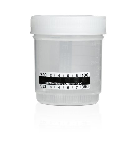 Picture of Specimen Collection Cup with Temperature Strip 53 X 90 mm Plastic 90 mL (3 oz.) Screw Cap Patient Information Sterile190058
