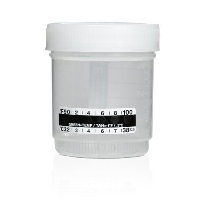 Picture of Specimen Collection Cup with Temperature Strip 53 X 90 mm Plastic 90 mL (3 oz.) Screw Cap Patient Information Sterile190058