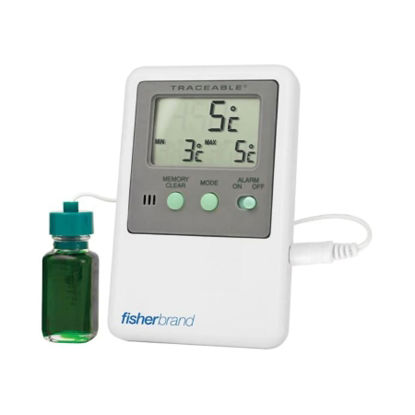 Picture of Digital Refrigerator / Freezer Thermometer with Alarm Fisherbrand™ Traceable® Fahrenheit / Celsius -58° to +158°F (-50° to +70°C) Bottle Probe Door / Wall Mount Battery OperatedS66277
