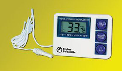 Picture of Digital Refrigerator / Freezer Thermometer with Alarm Fisherbrand™ Fahrenheit / Celsius -58° to +158°F (-50° to +70°C) External Probe Flip-out Stand / Wall Mount Battery OperatedS01556