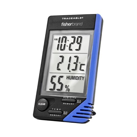 Picture of Thermometer / Clock / Humidity Monitor Fisherbrand™ Traceable® Fahrenheit / Celsius 32° to 122°F (0° to 50°C) Internal Sensor Flip-out Stand / Wall Mount Battery Operated066624