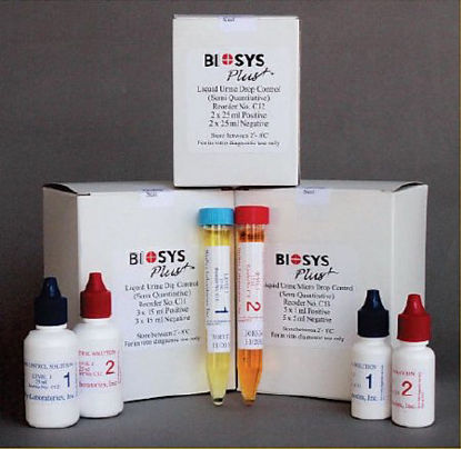 Picture of Reproductive Endocrinology Assay Control Kit BioSys Plus Dip Leukocytes, Nitrite, Urobilinogen, Protein, pH, Blood, Specific Gravity, Ketones, Bilirubin, Glucose, Hemoglobin, Microalbumin, Creatinine, hCG Positive Level / Negative Level 3 X 2 X 15 mLC11