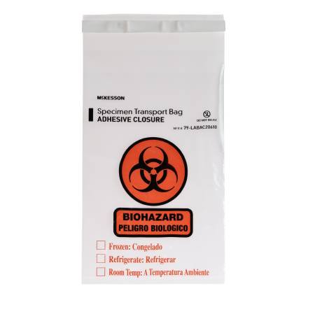 Picture of Specimen Transport Bag with Document Pouch McKesson 6 X 10 Inch LDPE Adhesive Closure Biohazard Symbol / Storage Instructions NonSterile79-LABAC20610