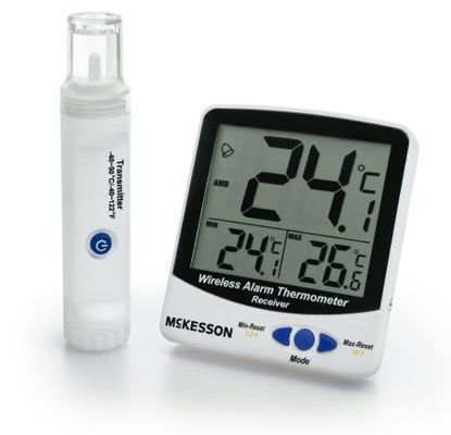 Picture of Digital Refrigerator / Freezer Thermometer with Alarm McKesson Fahrenheit / Celsius -58° to +158°F (-50° to +70°C) External Bottle Sensor, -40° to +122°F (-40° to +50°C) Wiresless Bottle Sensor Internal Sensor / 2 Bottle Probes Flip-out Stand / Wall Mount Battery OperatedMCK895WRFT