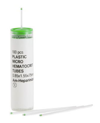 Picture of McKesson Capillary Blood Collection Tube Micro-hematocrit Ammonium Heparin Additive 0.8 X 1.5 X 75 mm Green Stripe Without Closure Plastic Tube555