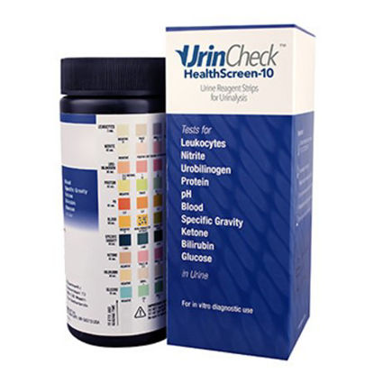 Picture of Rapid Test Kit UrinCheck™ HealthScreen-10 Urinalysis Bilirubin, Blood, Glucose, Ketone, Leukocytes, Nitrite, pH, Protein, Specific Gravity, Urobilinogen Urine Sample 100 TestsUC81200