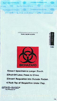 Picture of Specimen Transport Bag with Document Pouch Speci-Gard® 6 X 10 Inch Polyethylene Adhesive Closure Biohazard Symbol / Storage Instructions NonSterileUF95-600BIO