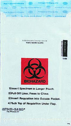 Picture of Specimen Transport Bag with Document Pouch Speci-Gard® 6 X 10 Inch Polyethylene Adhesive Closure Biohazard Symbol / Storage Instructions NonSterileUF95-600BIO