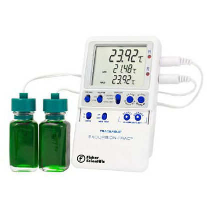 Picture of Datalogging Refrigerator / Freezer Thermometer with Alarm Fisherbrand™ Traceable® Excursion-Trac™ Fahrenheit / Celsius -58° to +158°F (-50° to +70°C) 2 Bottle Probes Multiple Mounting Options AC Adaptor / Battery Backup15-081-124