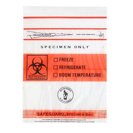 Picture of Specimen Transport Bag with Document Pouch SafeGuard® TearZone® 6 X 9 Inch Polyethylene Zip Closure Biohazard Symbol / Storage Instructions NonSterileMGTZ69