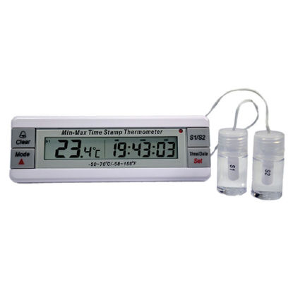 Picture of Refrigerator / Freezer Thermometer Thermco® Min-Max Time Stamp Fahrenheit / Celsius -40° to +158°F (-40° to +70°C) 2 Bottle Probes Door / Wall Mount Battery OperatedACC8100MATAND