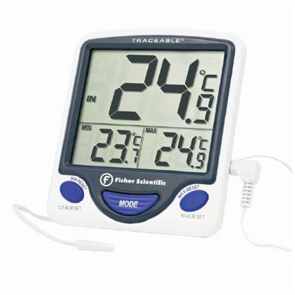 Picture of Digital Refrigerator / Freezer Thermometer with Alarm Fisherbrand™ Traceable® Fahrenheit / Celsius -58° to +158°F (-50° to +70°C) External Sensor / Bottle Probe Flip-out Stand / Wall Mount Battery Operated14648232