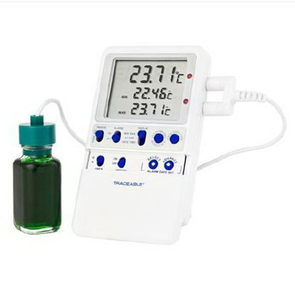 Picture of Digital Refrigerator / Freezer Thermometer with Alarm Traceable® Platinum High-Accuracy Fahrenheit / Celsius -58° to +158°F (-50° to +70°C) Bottle Probe / Platinum Sensor Multiple Mounting Options Battery Operated37803-88