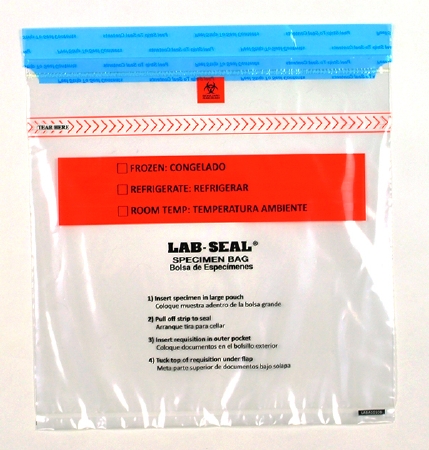 Picture of Specimen Transport Bag with Document Pouch Lab-Seal® Tamper-Evident 10 X 10 Inch LDPE Adhesive Closure Biohazard Symbol / Storage Instructions NonSterileLABA1010B