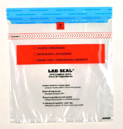 Picture of Specimen Transport Bag with Document Pouch Lab-Seal® Tamper-Evident 10 X 10 Inch LDPE Adhesive Closure Biohazard Symbol / Storage Instructions NonSterileLABA1010B