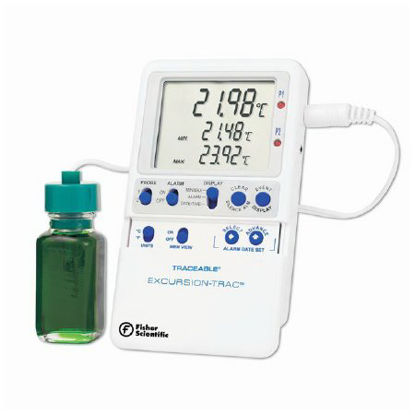 Picture of Datalogging Refrigerator / Freezer Thermometer with Alarm Fisherbrand™ Traceable® Excursion-Trac™ Fahrenheit / Celsius -58° to +158°F (-50° to +70°C) Bottle Probe Multiple Mounting Options AC Adaptor / Battery Backup15081123