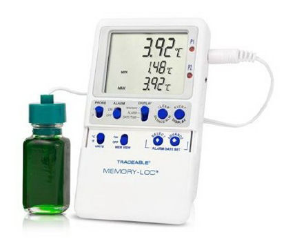 Picture of Refrigerator / Freezer Temperature Data Logger with Alarm Traceable® Memory-Loc™ Fahrenheit / Celsius -58° to +158°F (-50° to +70°C) Glycol Bottle Probe Multiple Mounting Options Battery Operated94460-37