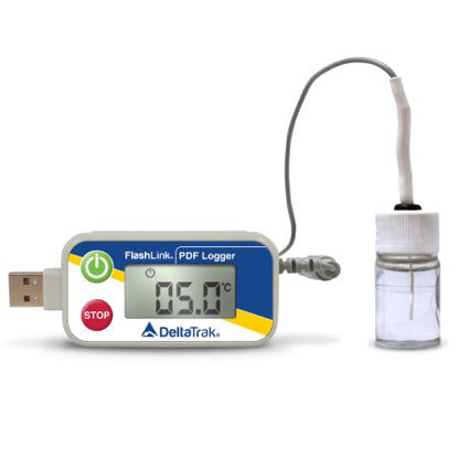 Picture of Vaccine Temperature Data Logger with Alarm Flashlink® PDF Logger Fahrenheit / Celsius -58° to +104°F (-50° to +40°C) Glycol Bottle Probe Battery Operated40527-01