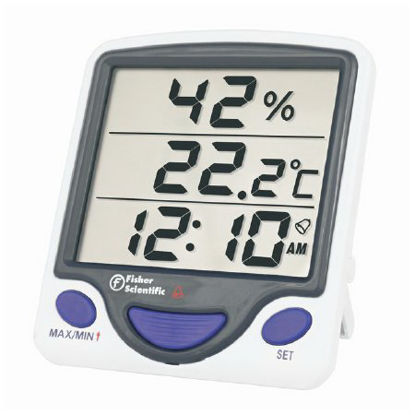Picture of Digital Thermometer / Hygrometer Fisherbrand™ Fahrenheit / Celsius -58° to +158°F (-50° to +70°C) Internal Sensor Flip-out Stand Battery OperatedS01572