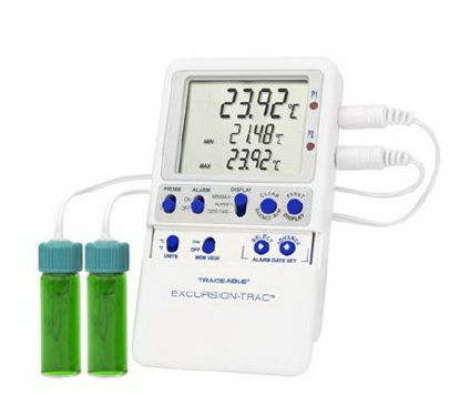 Picture of Datalogging Refrigerator / Freezer Thermometer with Alarm Traceable® Excursion-Trac™ Fahrenheit / Celsius -58° to +140°F (-50° to +60°C) 2 Vaccine Bottle Probes Multiple Mounting Options Battery Operated98767-64