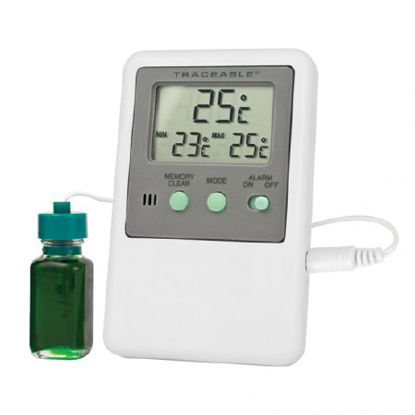 Picture of Digital Refrigerator / Freezer Thermometer with Alarm Traceable® Fahrenheit / Celsius -58° to +158°F (-50° to +70°C) Bottle Probe Desk / Wall / Door Mount Battery Operated94460-72