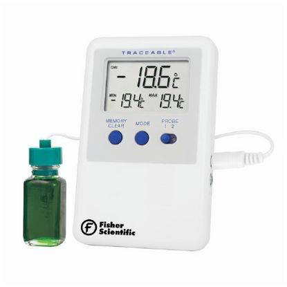 Picture of Digital Refrigerator / Freezer Thermometer with Alarm Fisherbrand™ Traceable® Refrigerator/Freezer Ultra™ Fahrenheit / Celsius -58° to +158°F (-50° to +70°C) Vaccine Bottle Probe Multiple Mounting Options Battery Operated14-650-103
