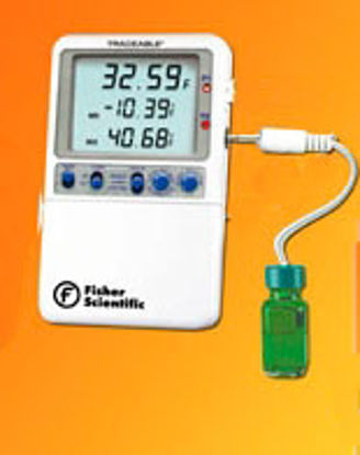 Picture of Refrigerator / Freezer Thermometer Fisherbrand™ Traceable® Fahrenheit -58° to +158°F (-50° to +70°C) Bottle Probe Desk / Wall Mount Battery OperatedS98173