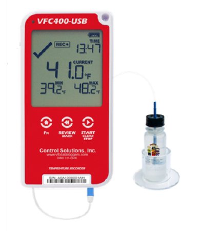 Picture of Refrigerator / Freezer Vaccine Data Logger with Alarm LogTag® VFC400-USB® Fahrenheit / Celsius -40° to 210°F (-40° to 99°C) Glycol Bottle Probe Wall Mount AC Adaptor / USB / Battery BackupVFC400-USB